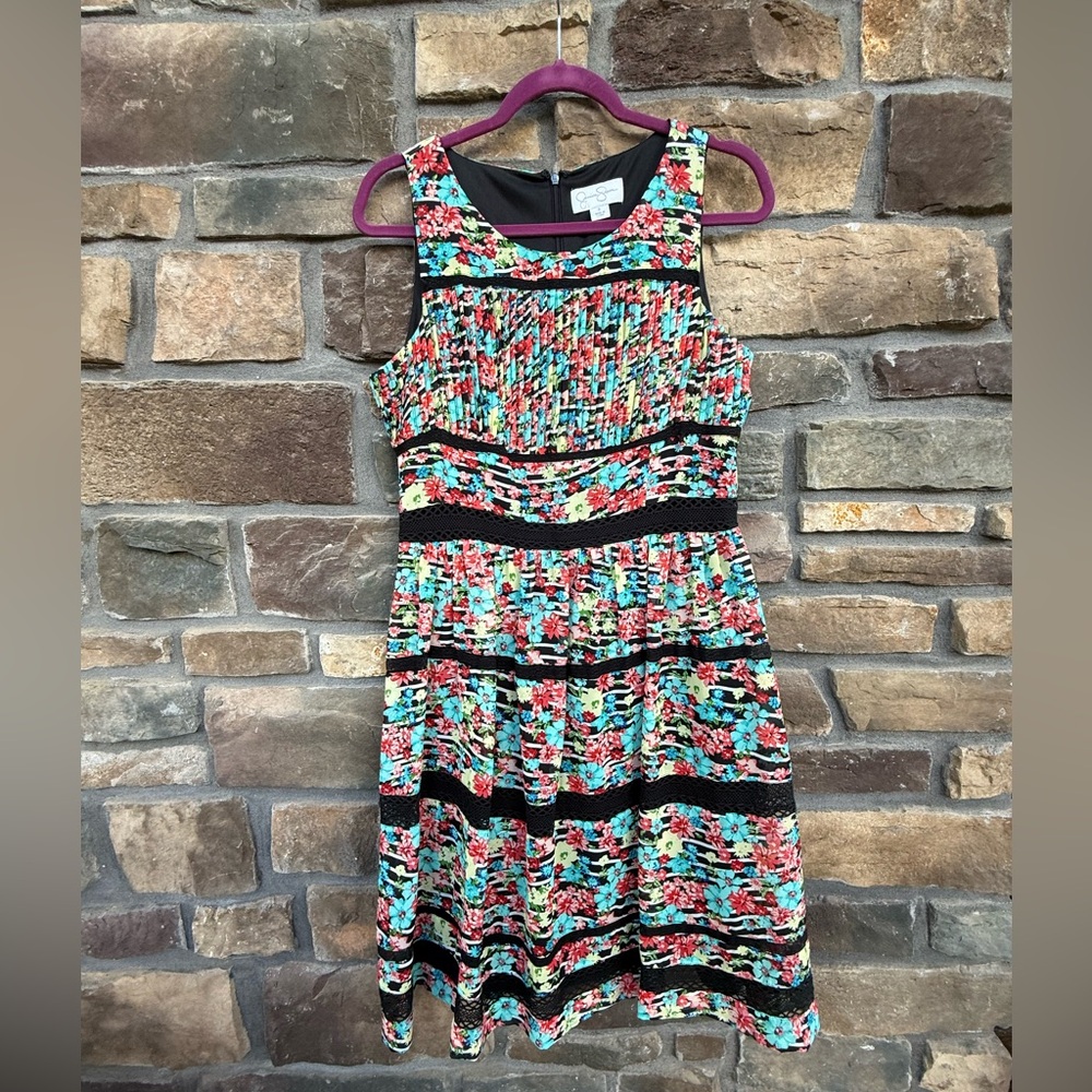 Colorful Sleeveless Dress with Black Accents